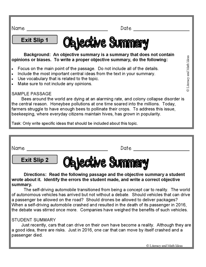 Expository/Informational Writing Exit Slips