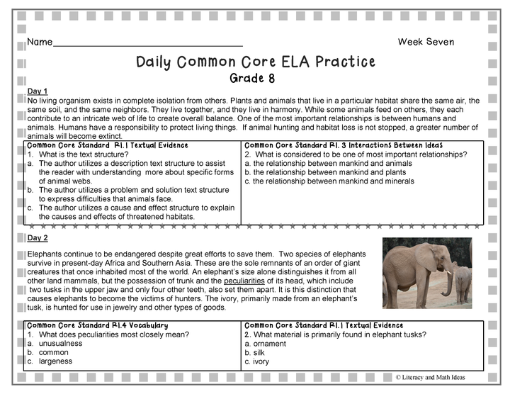 Grade 8 Daily Common Core Reading Practice Weeks 6-10