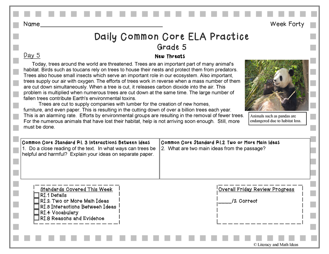Grade 5 Daily Common Core Reading Practice Weeks 36-40