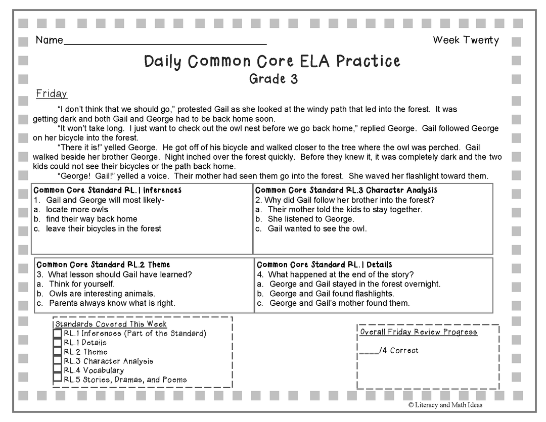 Grade 3 Daily Common Core Reading Practice Weeks 1-20