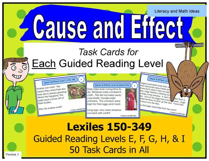 Cause and Effect Task Cards For Each Guided Reading Level (Levels E,F,G,H,I)