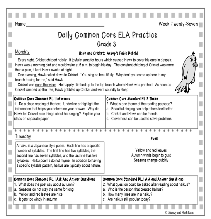 Grade 3 Daily Common Core Reading Practice Weeks 26-30