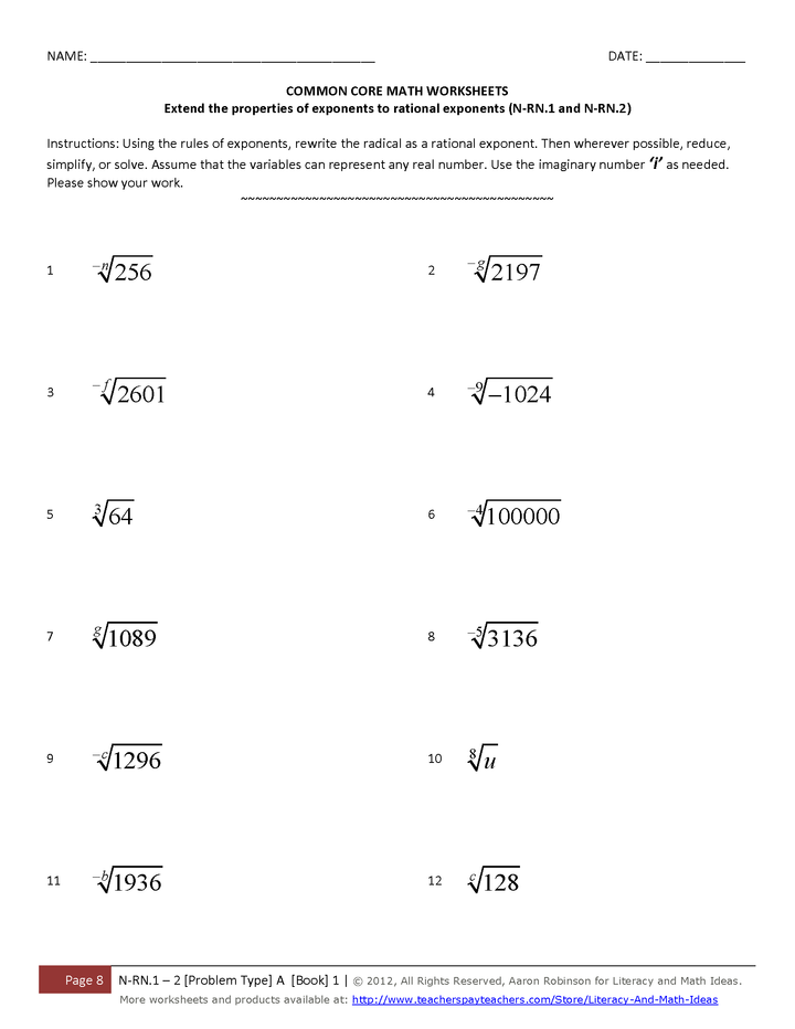Worksheets for Common Core Math N-RN.1 and N-RN.2 Rational Exponents (Book A1)