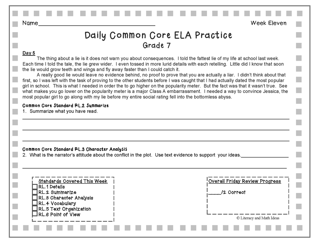 Grades 7-8 Daily Common Core Reading Practice Weeks 11-20
