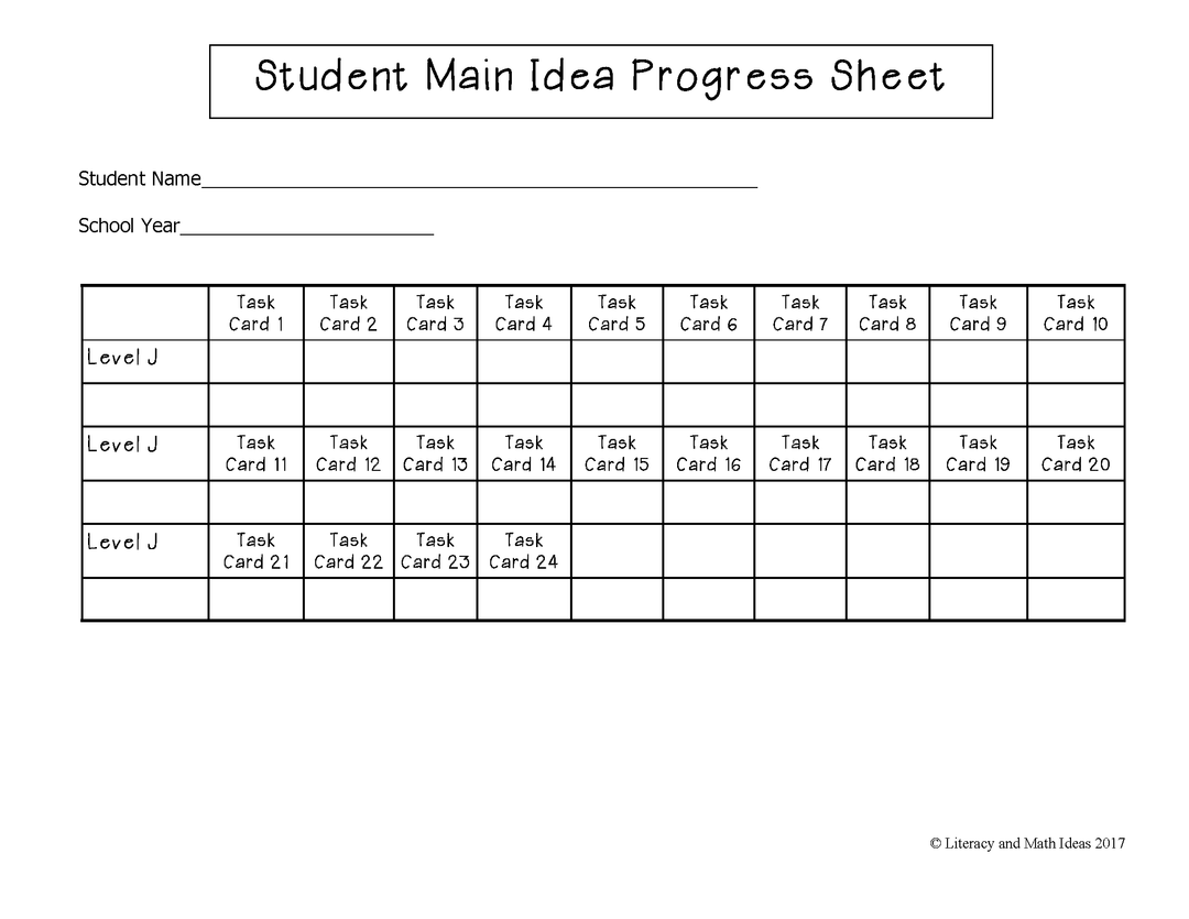 Main Idea Task Cards Guided Reading Level J (Lexiles 350-424)