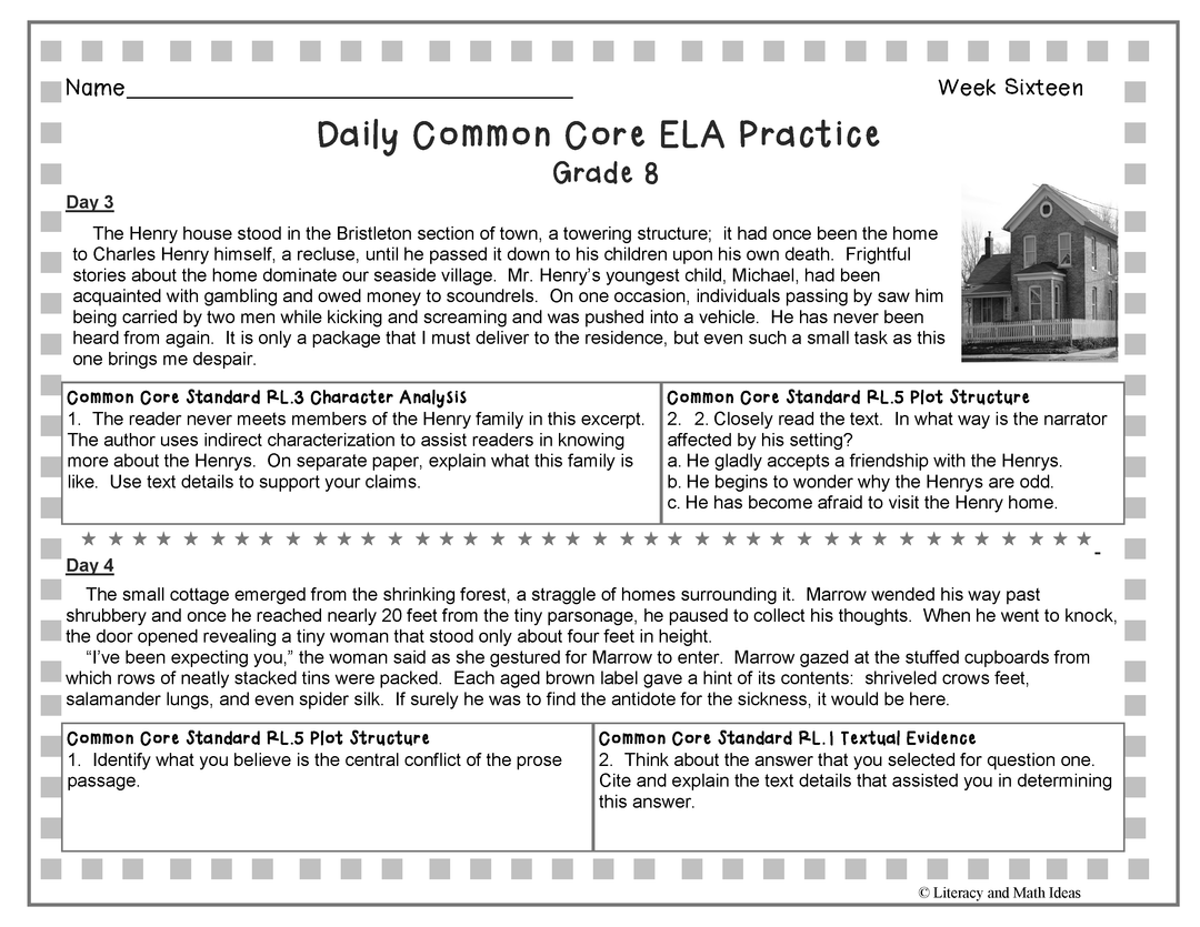 Grade 8 Daily Common Core Reading Practice Week 16-20