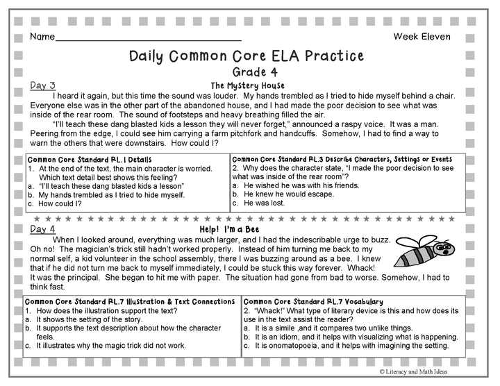 Grade 4 Daily Common Core Reading Practice Weeks 11-15