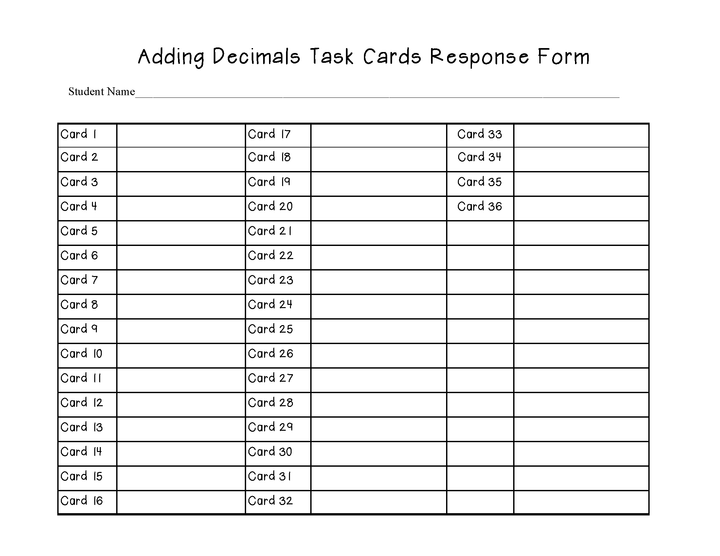 Adding Decimals Task Cards