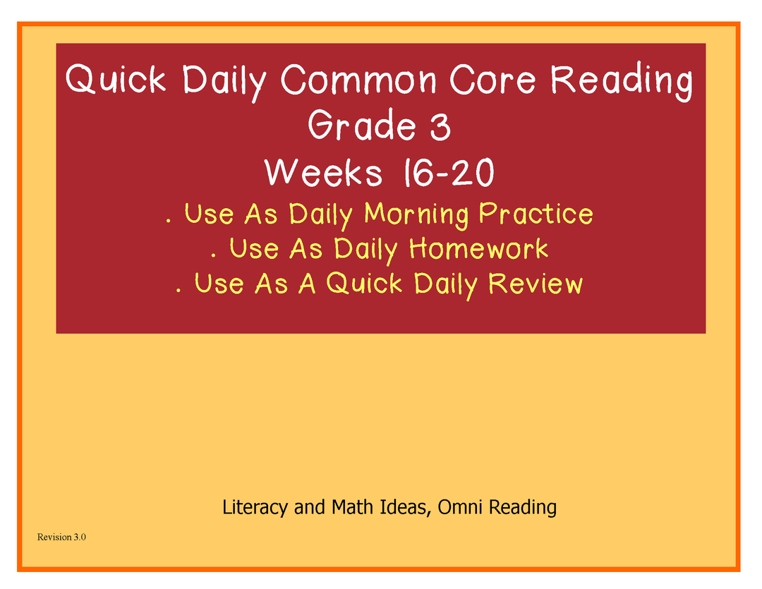 Grade 3 Daily Common Core Reading Practice Weeks 16-20