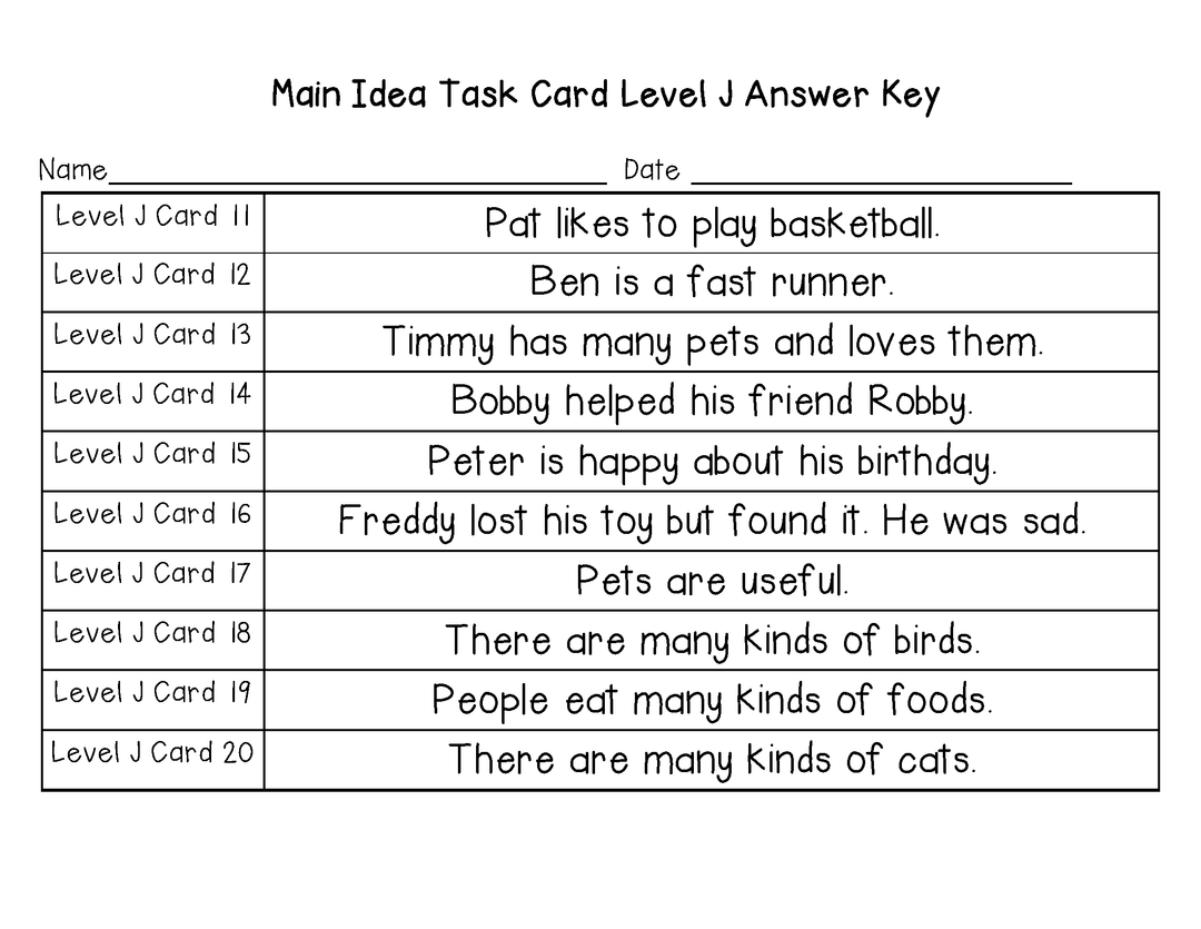 Main Idea Task Cards Guided Reading Level J (Lexiles 350-424)