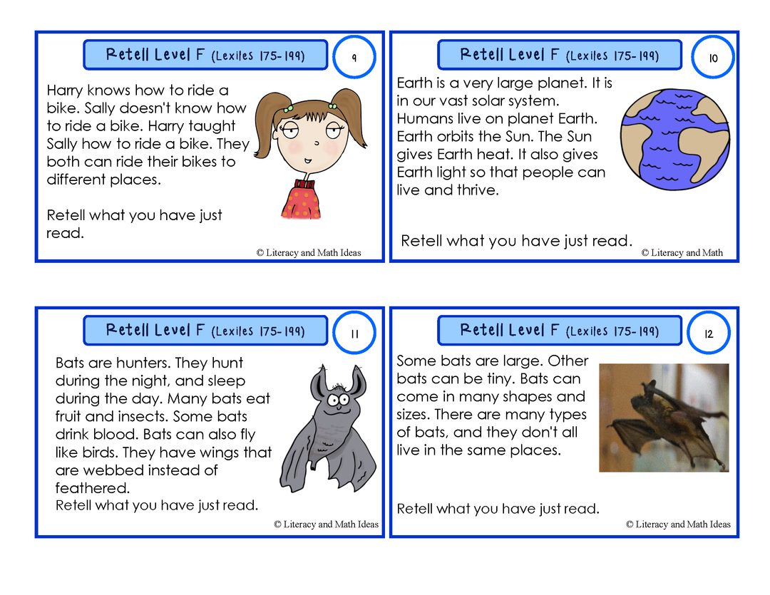 Retell Task Cards Guided Reading Level F (Lexiles 175-199)