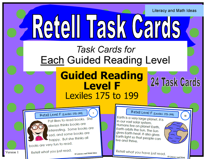 Retell Task Cards Guided Reading Level F (Lexiles 175-199)
