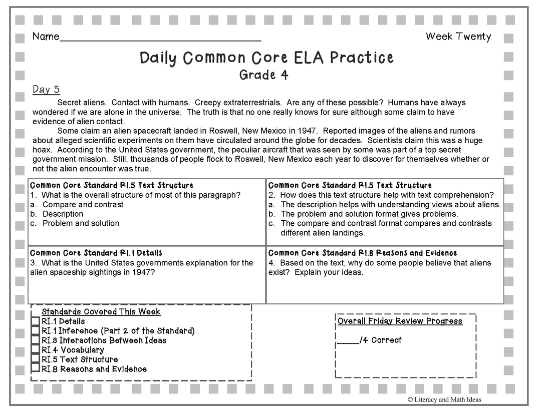 Grade 4 Daily Common Core Reading Practice Weeks 1-20