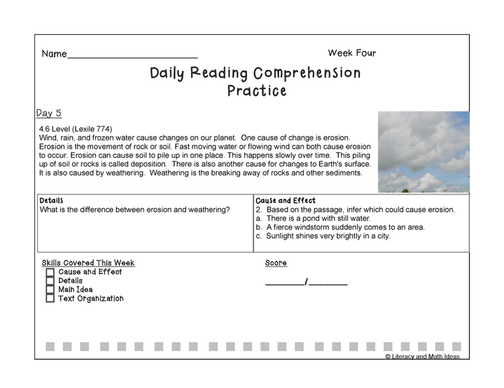 Grade 4 Daily Reading Comprehension Weeks 1-4 (Lexiles 721-774)