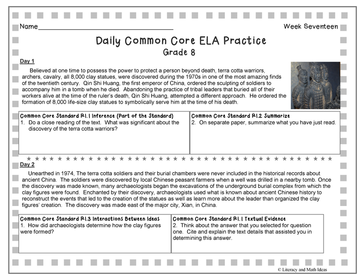 Grade 8 Daily Common Core Reading Practice Week 16-20