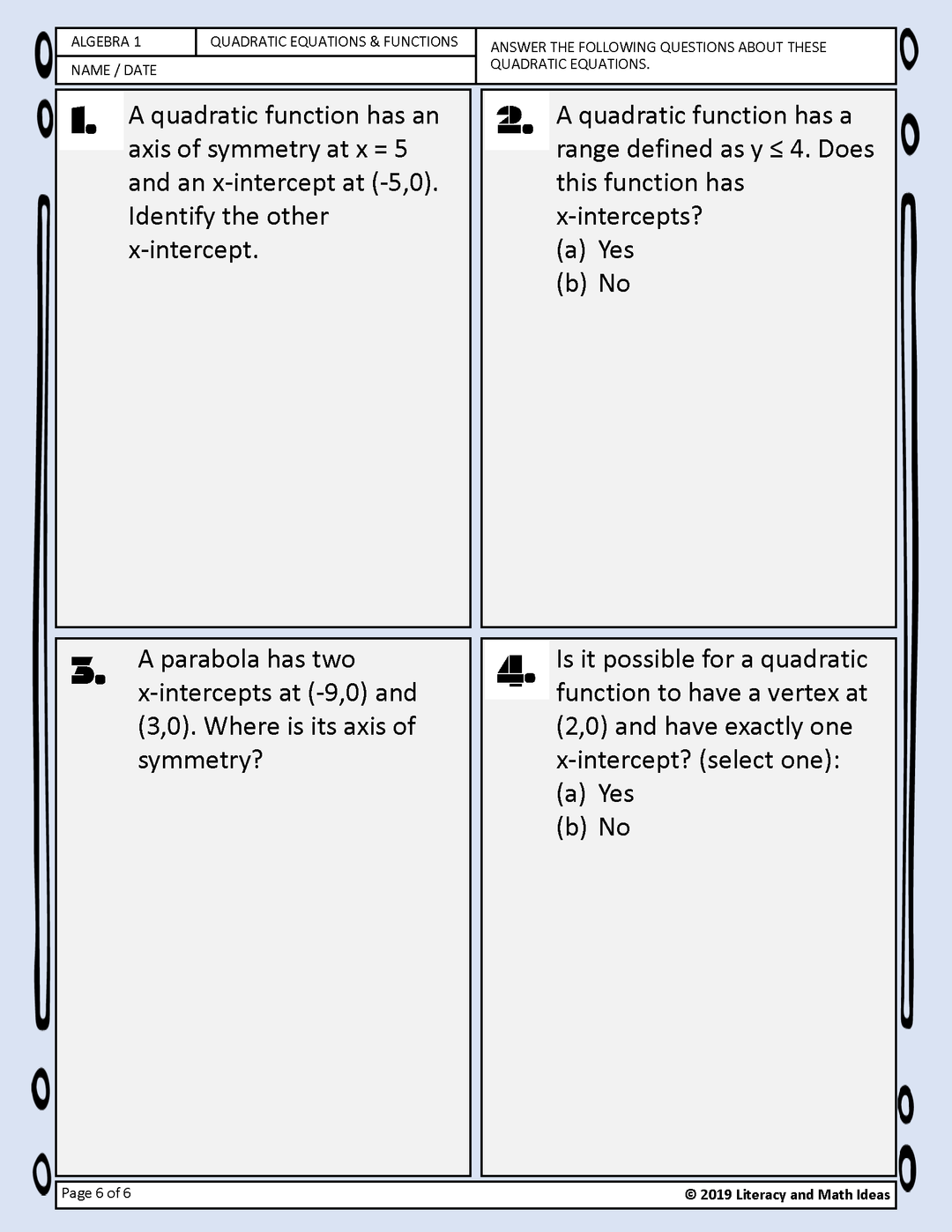 Algebra: Understanding the Characteristics of Quadratic Functions