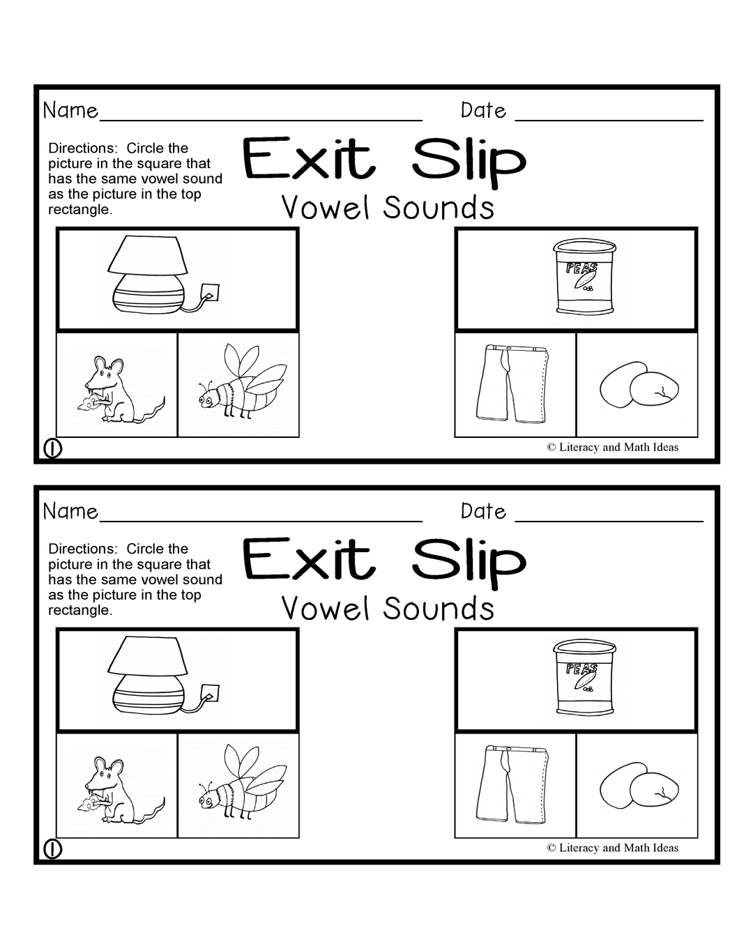 Short Vowel Sound Exit Slips