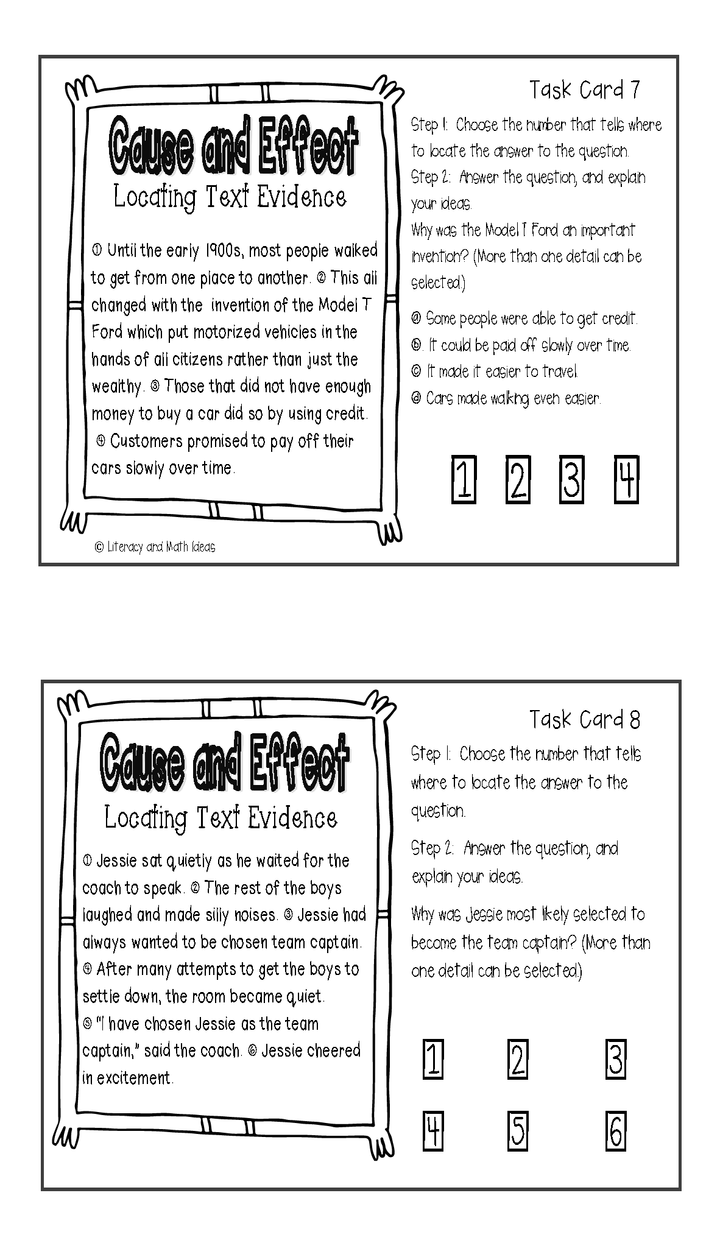 Cause and Effect Task Cards: Locating Text Evidence