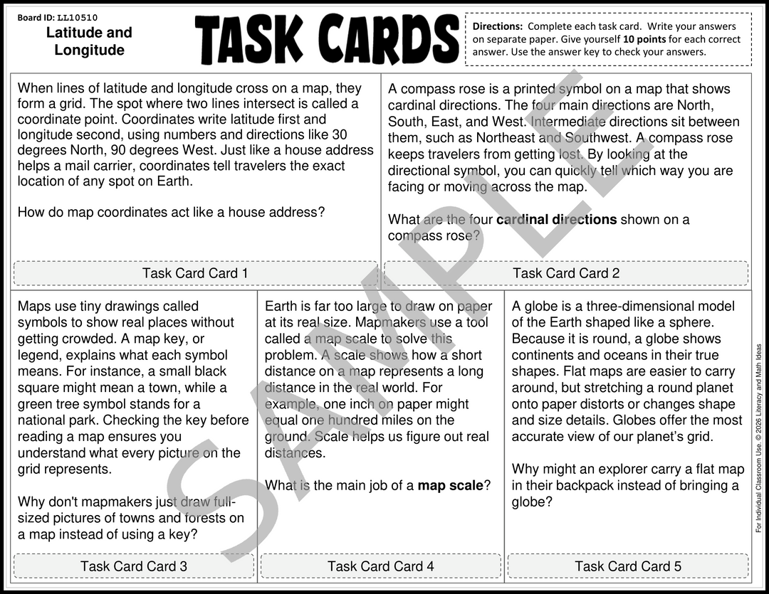 Latitude and Longitude No-Prep Task Cards (30 Activities)