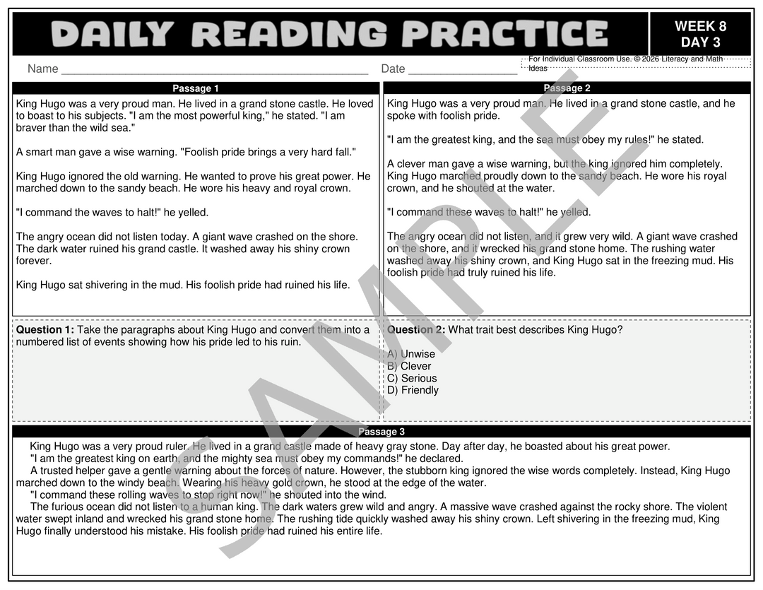 3rd Grade Differentiated Daily Reading Comprehension Passages (Weeks 5-8)