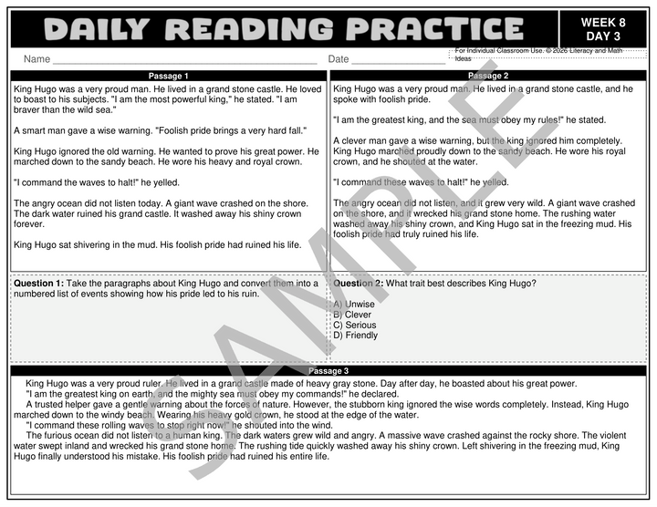 3rd Grade Differentiated Daily Reading Comprehension Passages (Weeks 5-8)