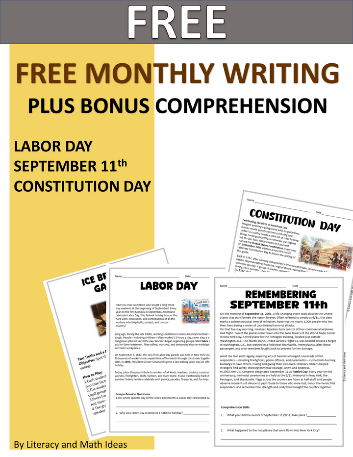 Free Back To School: A Full Year of Monthly Writing Prompts & Comprehension Passages