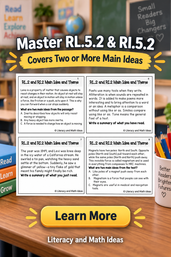 Grade 5 Main Idea & Theme Task Cards (CCSS RL.5.2 & RI.5.2)