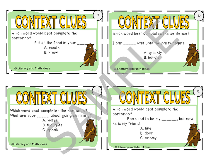 Vocabulary Task Cards: Context Clues, Homophones & Multiple Meaning Words