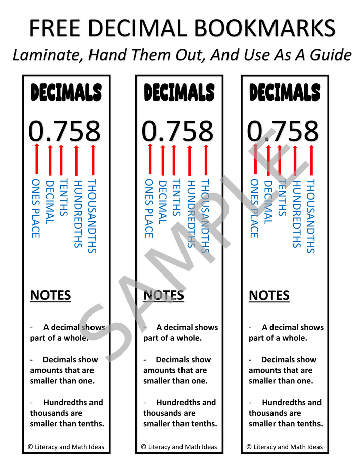 FREE Decimal Place Value Chart Cheat Sheet Bookmark and Reference Guide