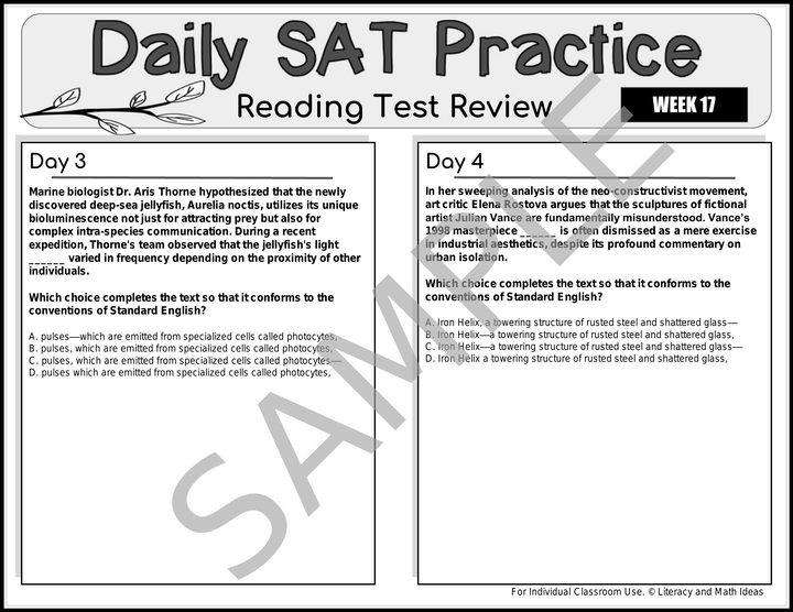 Daily SAT Reading Practice Weeks 17-20: Grammar & Comprehension Review