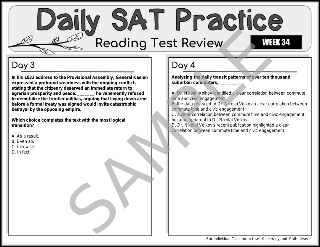 Daily SAT Reading Practice & Grammar Review: Weeks 33-36