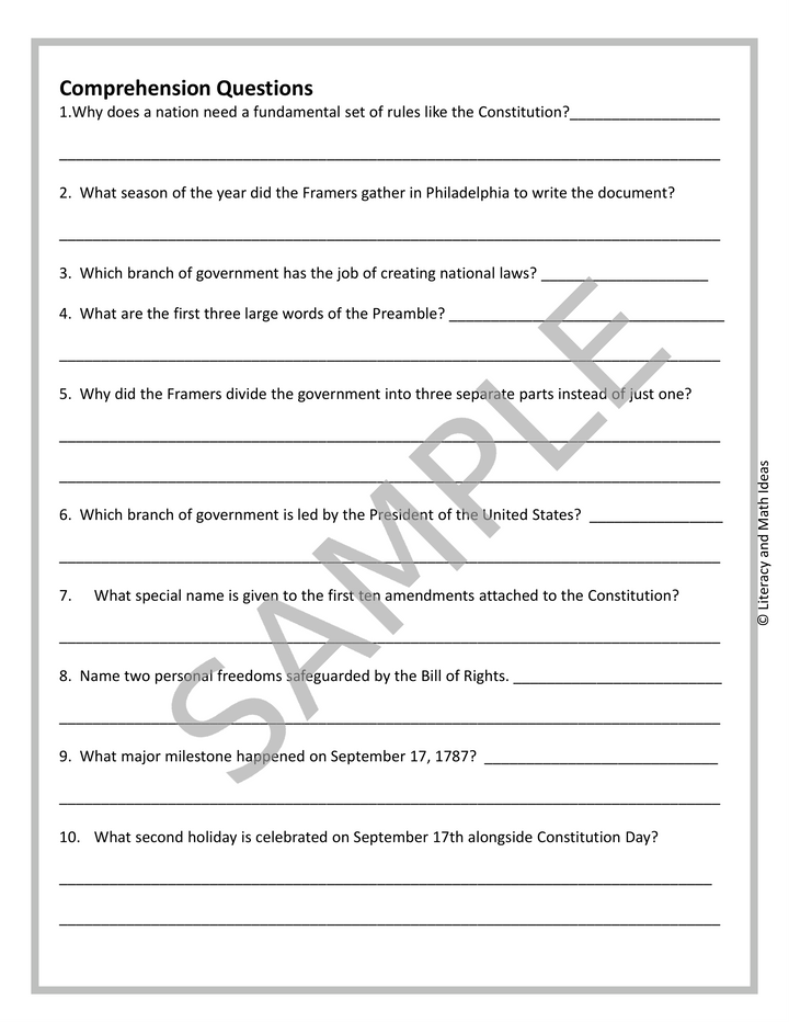 Free Constitution Day Reading Comprehension Worksheet & Morning Work (Grades 3-5)