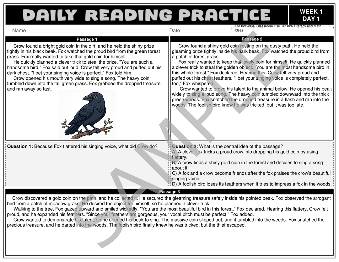 Free 3rd Grade Differentiated Daily Reading Comprehension Passages - 1 Week Sample