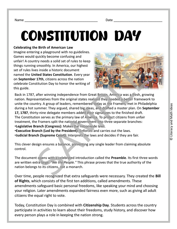 Free Constitution Day Reading Comprehension Worksheet & Morning Work (Grades 3-5)