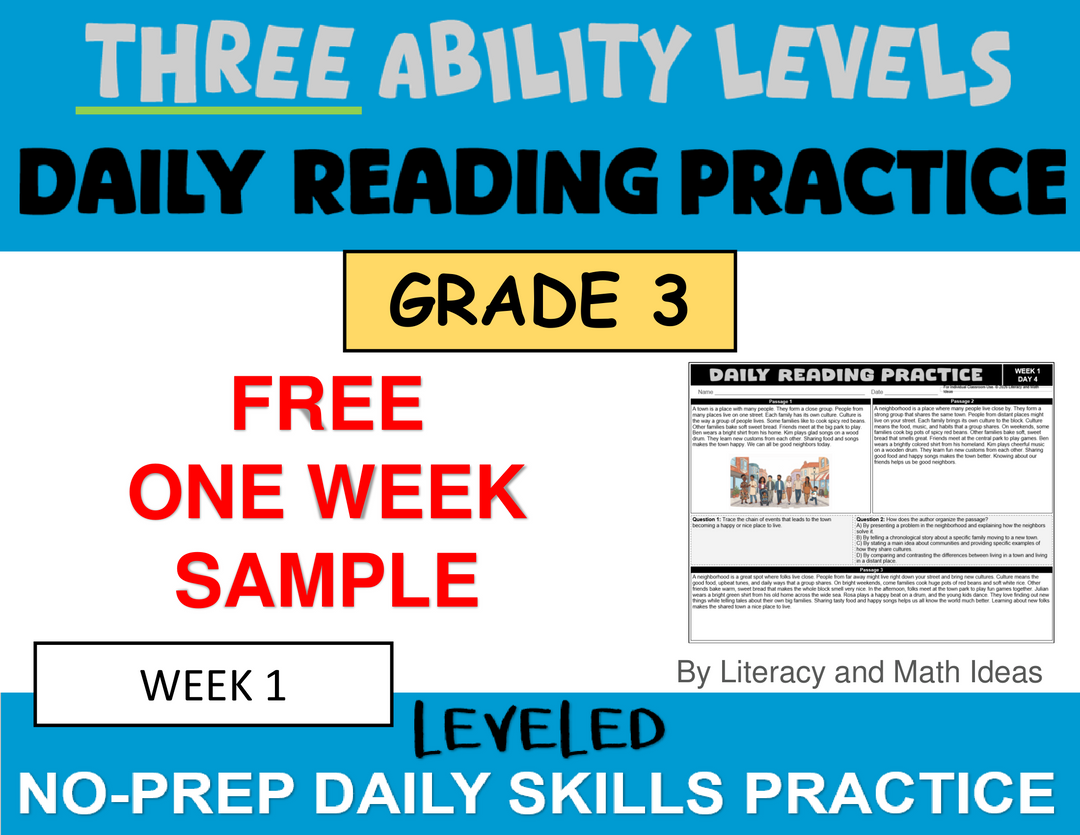 Free 3rd Grade Differentiated Daily Reading Comprehension Passages - 1 Week Sample