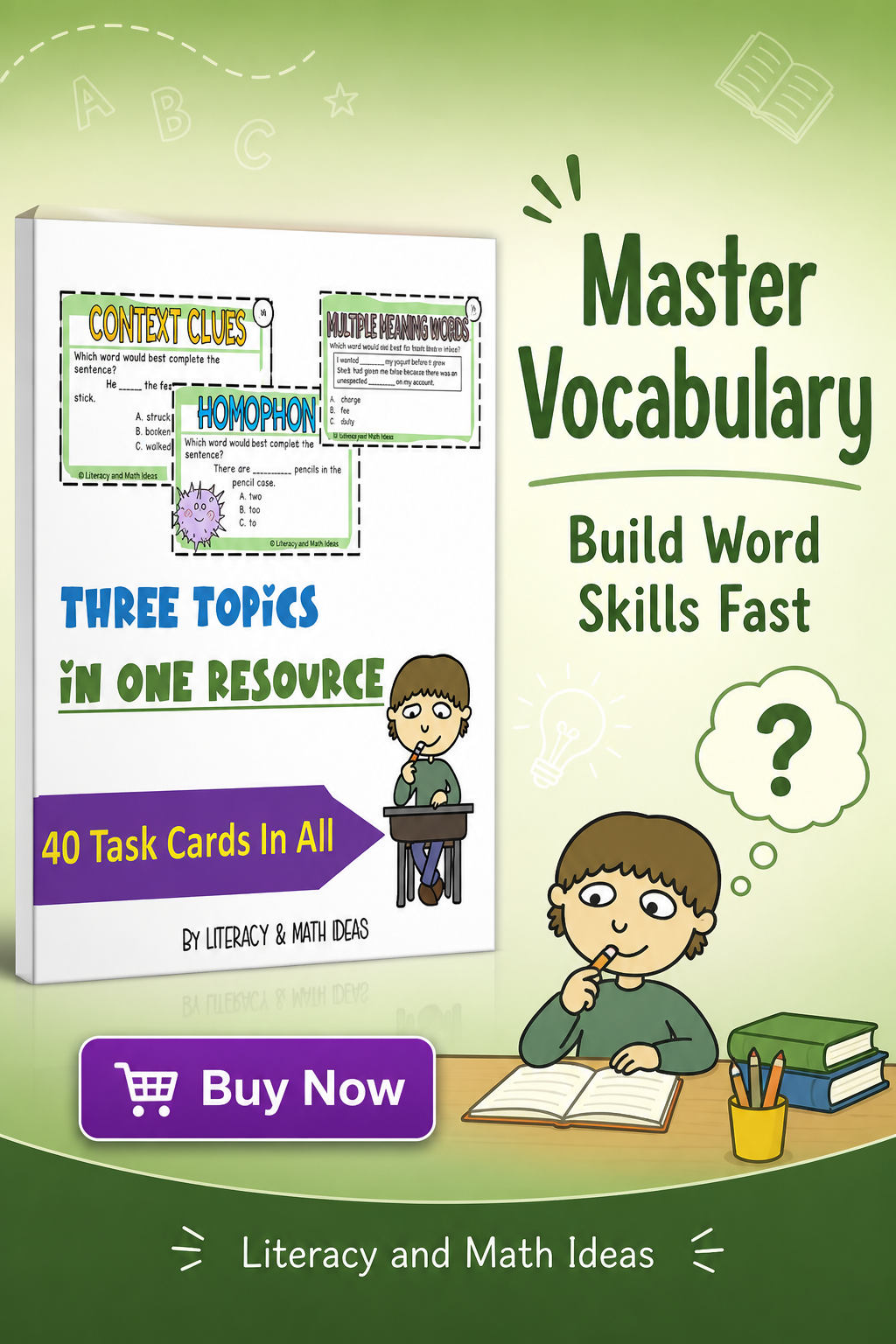 Vocabulary Task Cards: Context Clues, Homophones & Multiple Meaning Words