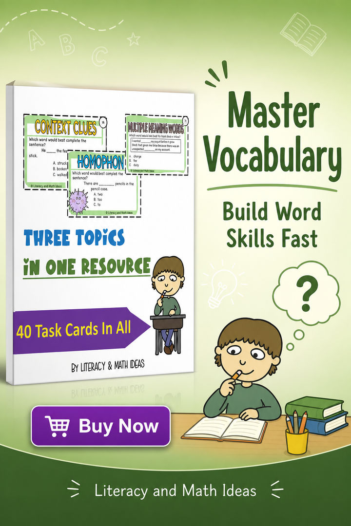 Vocabulary Task Cards: Context Clues, Homophones & Multiple Meaning Words