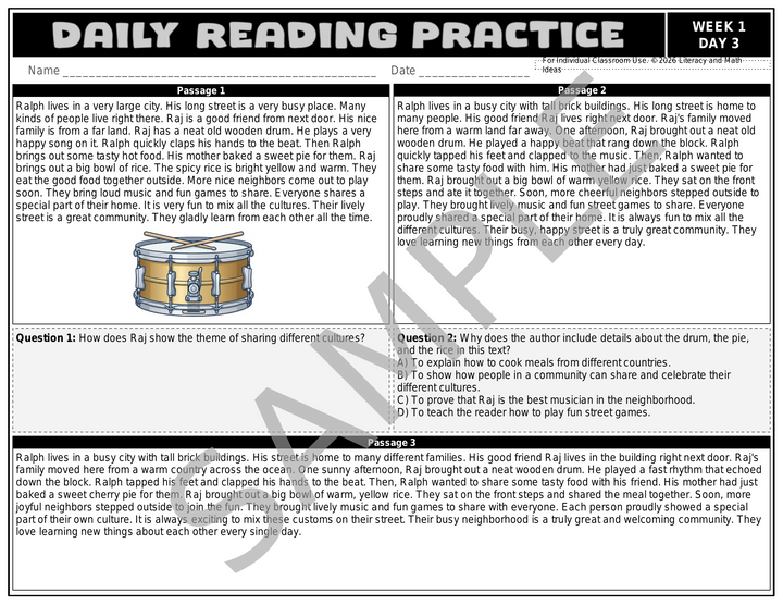 Free 3rd Grade Differentiated Daily Reading Comprehension Passages - 1 Week Sample
