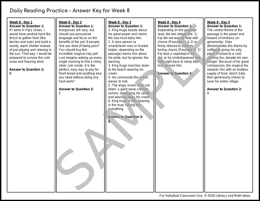 3rd Grade Differentiated Daily Reading Comprehension Passages (Weeks 5-8)