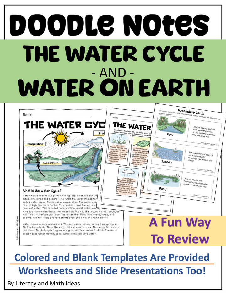 Water Cycle & Bodies of Water Doodle Notes, Slides, and Comprehension Bundle