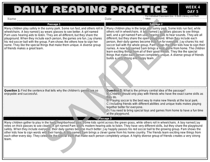 Differentiated Daily Reading Comprehension Passages - Grade 3 (Month 1)