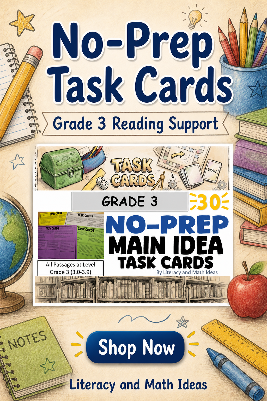 No Prep 3rd Grade Main Idea Task Cards | Science of Reading & Test Prep