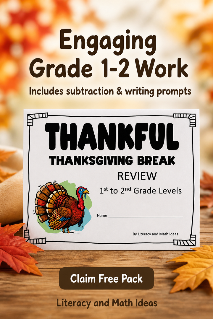 Free Thanksgiving Math and Writing Review Worksheets (Grades 1-2)