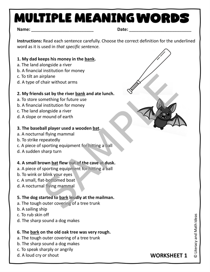 Multiple Meaning Words Worksheets, Task Cards & Slide Presentation