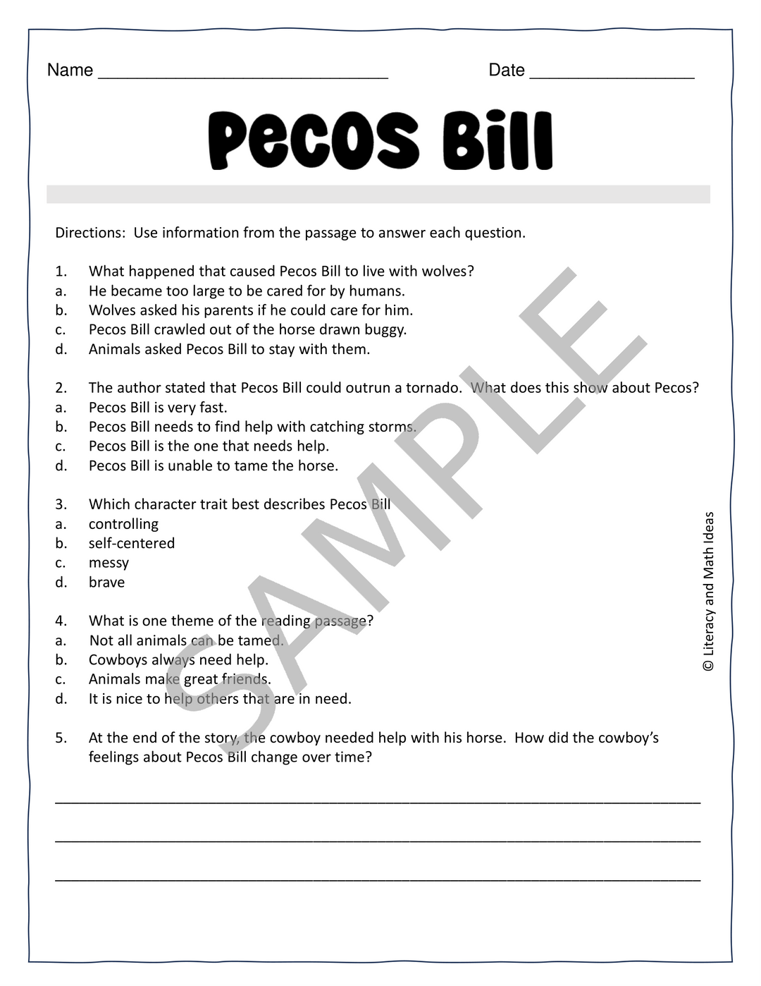 Free Tall Tale - Pecos Bill (Printable Book and Comprehension Questions)