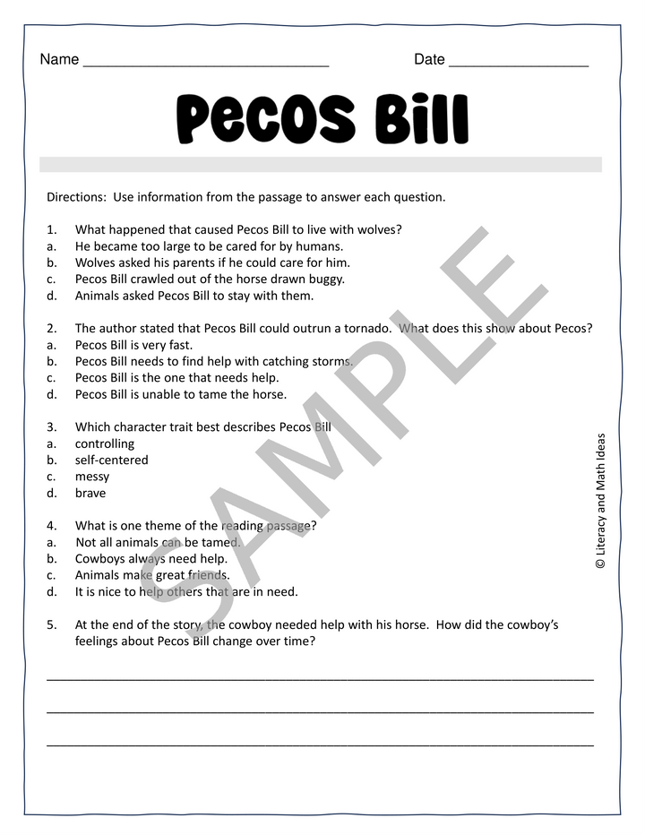 Free Tall Tale - Pecos Bill (Printable Book and Comprehension Questions)