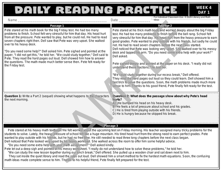 Differentiated Daily Reading Comprehension Passages - Grade 3 (Month 1)