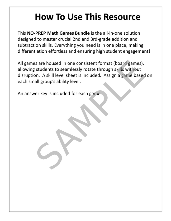 No-Prep 2nd & 3rd Grade Addition and Subtraction Board Games