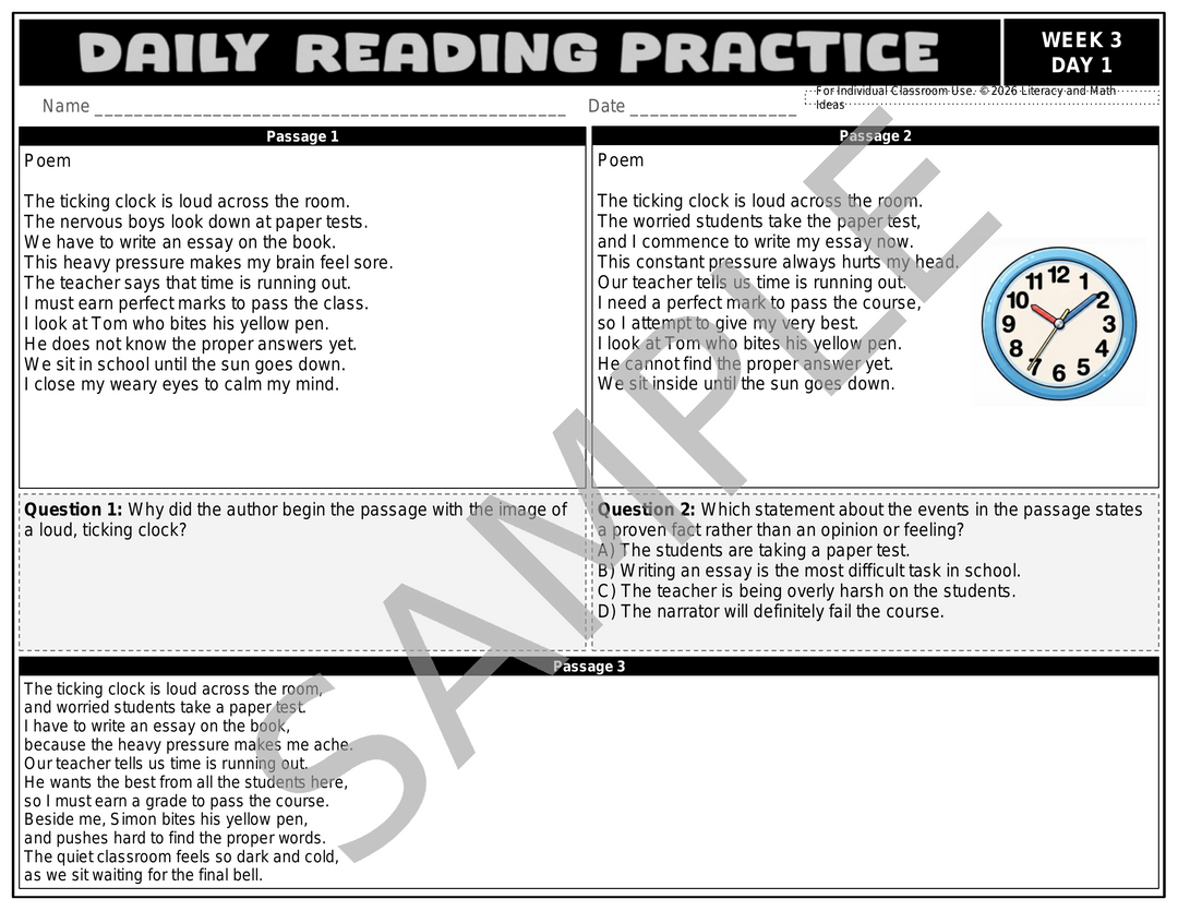 Differentiated Daily Reading Comprehension Passages - Grade 3 (Month 1)