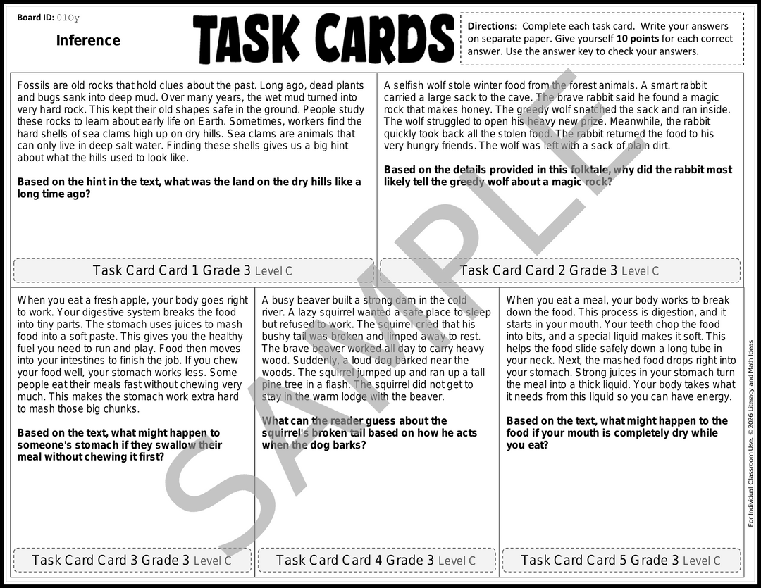 No-Prep Inference 30 Task Cards (Grade 3)